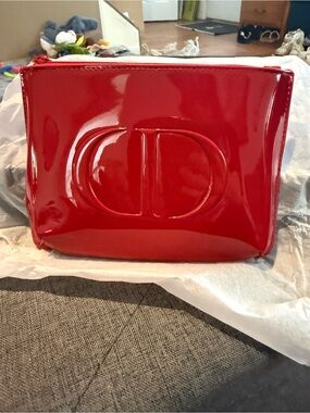 Red Dior Glossy Cosmetic Pouch - Designer Embossed Logo GWP new 7x7 inches